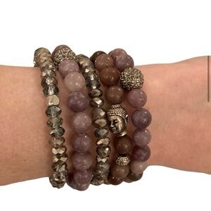 🔸NWT🔸 Lilac Lepidolite Gemstone Buddha Beaded Bracelet Set